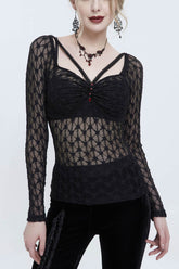 T-shirt punk pour femme transparent à manches longues avec losange rouge et devant en dentelle noire